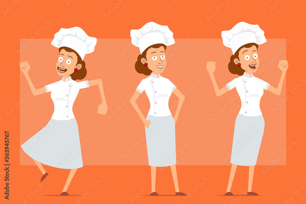 Cartoon flat funny chef cook woman character in white uniform and baker hat. Girl showing strong muscles, jumping and dancing. Ready for animation. Isolated on orange background. Vector set. Cartoon flat funny chef cook woman character in white uniform and baker hat. Girl showing strong muscles, jumping and dancing. Ready for animation. Isolated on orange background. Vector set.