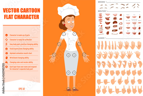 Cartoon flat chef cook woman character in white uniform and baker hat. Ready for animation. Face expressions, eyes, brows, mouth and hands easy to edit. Isolated on orange background. Big vector set.