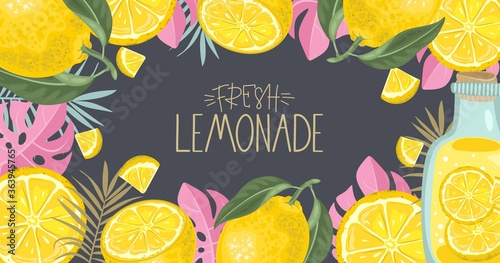 Fresh lemon, leaves and slices. Hand calligraphy. Label, banner advertising element. Vector illustration.
Printing on fabric, paper, postcards, invitations.