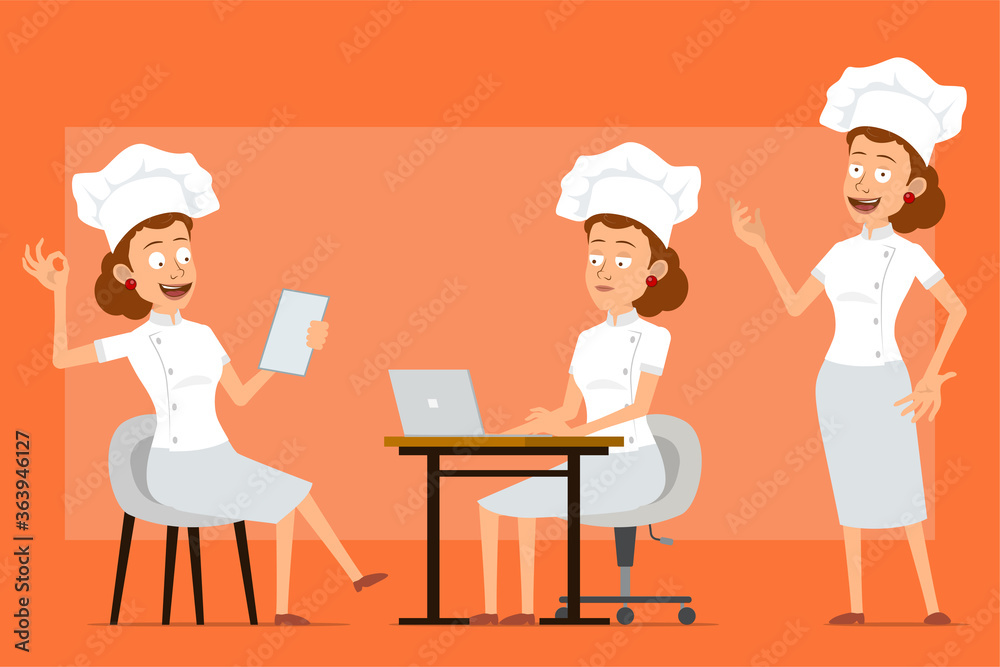 Cartoon flat funny chef cook woman character in white uniform and baker hat. Girl reading note, working on laptop and showing okay sign. Ready for animation. Isolated on orange background. Vector set. Cartoon flat funny chef cook woman character in white uniform and baker hat. Girl reading note, working on laptop and showing okay sign. Ready for animation. Isolated on orange background. Vector set.