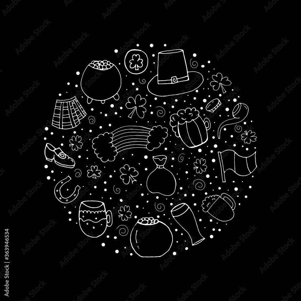 St. Patrick's day. Set for St. Patrick's day. Vector isolated illustration with a pot of gold. Smoking pipe, beer mug, horseshoe, rainbow, clover, flag, shoes on a black background. St. Patrick's day. Set for St. Patrick's day. Vector isolated illustration with a pot of gold. Smoking pipe, beer mug, horseshoe, rainbow, clover, flag, shoes on a black background.