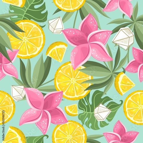 Seamless pattern with fresh Lemon, tropical leaves, flowers, slices and geometry.Label, banner advertising element. Vector illustration. Printing on fabric, paper, postcards, invitations.