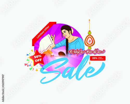 Indian festival offer banner /greeting background concept for raksha bandhan with brother sister, sacred love band on beautiful geometrical backdrop