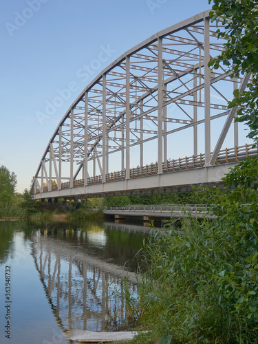 View of the bridge on the Voronezh reservoir from the right bank in summer