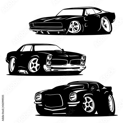 Muscle Cars Cartoons Silhouette Set Isolated Vector Illustration