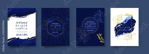 Indigo Blue Set Card Wedding Invitation, floral invite thank you, rsvp modern card Design in Golden flower with leaf greenery branches decorative Vector elegant rustic template