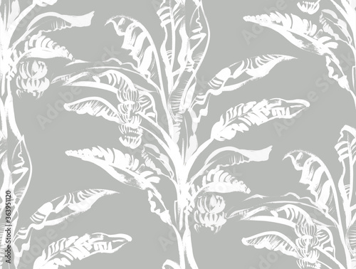 seamless pattern with a banana palm with tropical leaves drawn with a dry brush in two colors