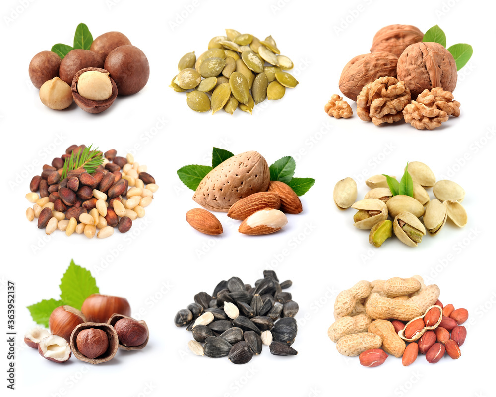 Collage of nuts on white backgrounds