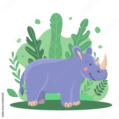 Fototapeta Naklejka Na Ścianę i Meble -  jungle _animalsVector illustration of a cute cartoon rhino among the branches and trees in the jungle. Cute illustration for print, illustration for a book, design of children's things. Kind animal