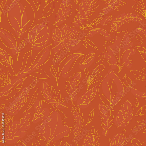 autumn doodle leaves and twigs with yellow trees on orange background in doodle style, vector seamless pattern