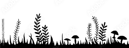
vector illustration, seamless border, fairy forest frame. black and white drawing grass, bushes, mushrooms. fabulous, magical forest, design for halloween.