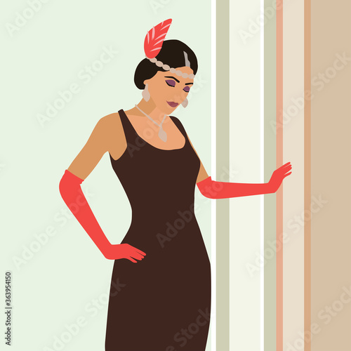 20s fashion style brown dress. Fashionable  brunette girl with feather in hair. Stylish woman in red gloves on her hands. Flat vector illustration hand drawn cartoon