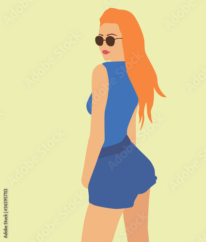 Slim red-haired young girl. Stylish fashionable woman with long hair in glasses. Flat vector illustration logo to album. Long haired model lady