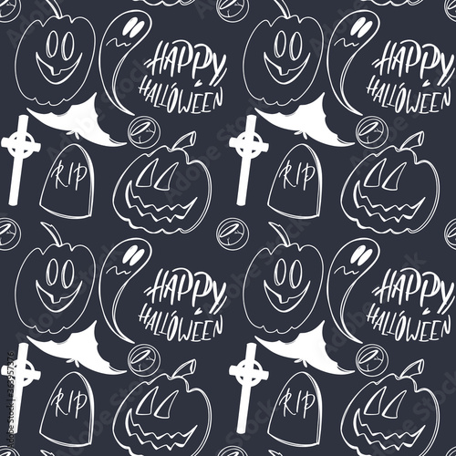Cute kawaii square seamless halloween holiday pattern with pumpkin on a blue background. Digital doodle outline art. Print for fabric, packaging, advertising, banner, wrapping paper, stationery.