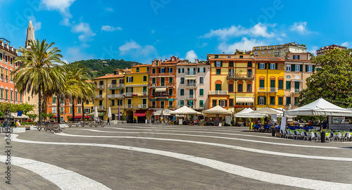 A panorama view across the central square in Lerici, Italy in the summertime