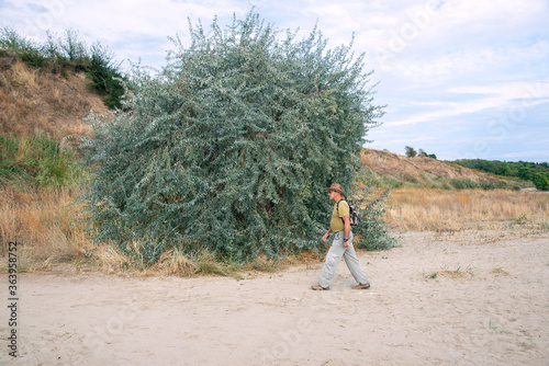 A man with a backpack walks along a sandy beach past a sprawling green tree.