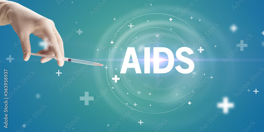 Syringe needle with virus vaccine and AIDS abbreviation, antidote concept Syringe needle with virus vaccine and AIDS abbreviation, antidote concept