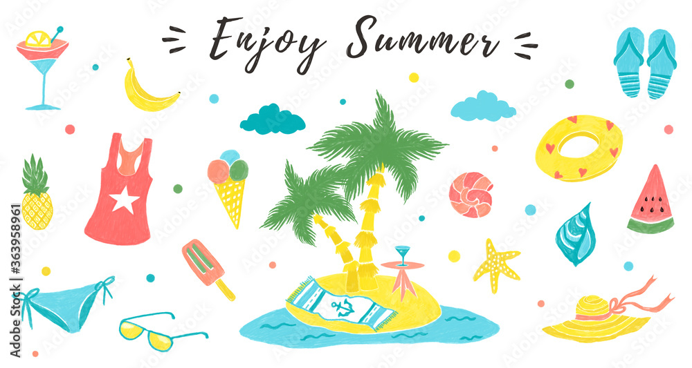 Summer collection elements, set of hand drawn illustrations. Palm, island, ice cream, watermelon, pineapple.