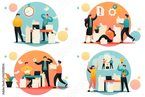 Flat 2D concepts Problem solution, Document Handling, Depression at work. Contract cancellation. Concept for web design