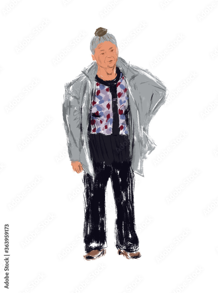 standing older woman in a gray jacket, patterned blouse and black trousers, with a bun on her head, digital drawing standing older woman in a gray jacket, patterned blouse and black trousers, with a bun on her head, digital drawing