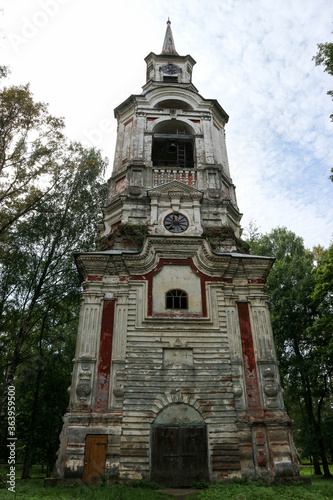 Old bell tower on the main square of Ostashkov, small town in Russia