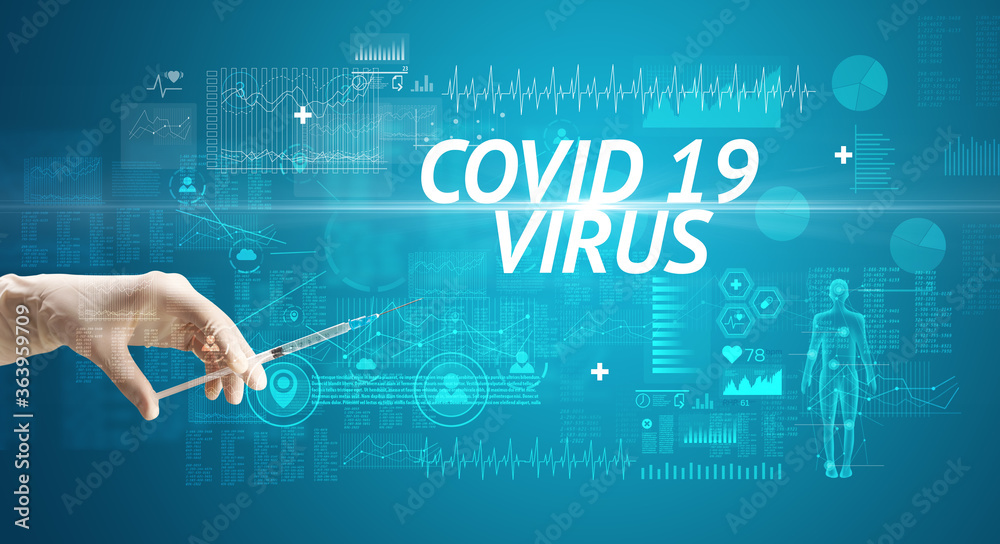 Syringe needle with virus vaccine and COVID 19 VIRUS inscription, antidote concept Syringe needle with virus vaccine and COVID 19 VIRUS inscription, antidote concept