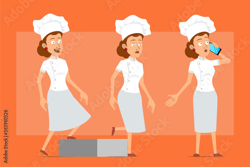 Cartoon flat chef cook woman character in white uniform and baker hat. Successful tired girl walking to her goal and talking on phone. Ready for animation. Isolated on orange background. Vector set.