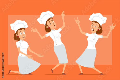 Cartoon flat funny chef cook woman character in white uniform and baker hat. Girl falling down, showing rock and roll sign. Ready for animation. Isolated on orange background. Vector set.