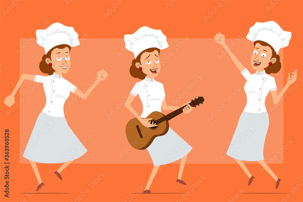Cartoon flat funny chef cook woman character in white uniform and baker hat. Girl jumping, dancing and playing rock on guitar. Ready for animation. Isolated on orange background. Vector set. Cartoon flat funny chef cook woman character in white uniform and baker hat. Girl jumping, dancing and playing rock on guitar. Ready for animation. Isolated on orange background. Vector set.
