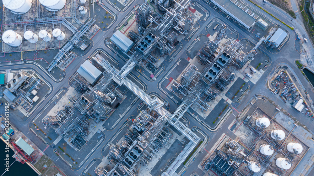 Aerial view of Oil and gas Refinery industry.