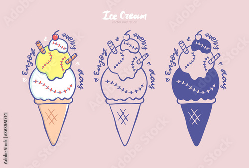 Summer illustration with ice cream for baseball, contour. Print for a children's T-shirt, poster, postcard. Cute illustration with ball and lettering for a birthday, enjoy every day.