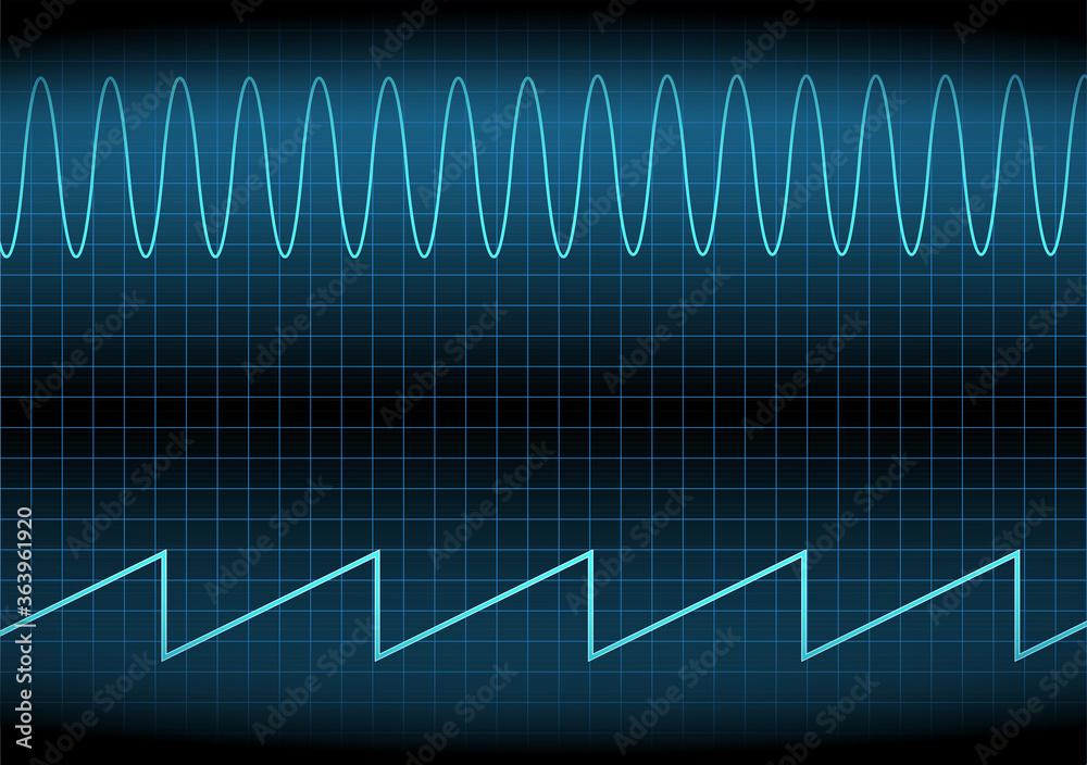 Sine wave and Sawtooth signal on the oscilloscope. The voltage waveform. A sound wave of light on a dark background. Turquoise color. Stock vector illustration.