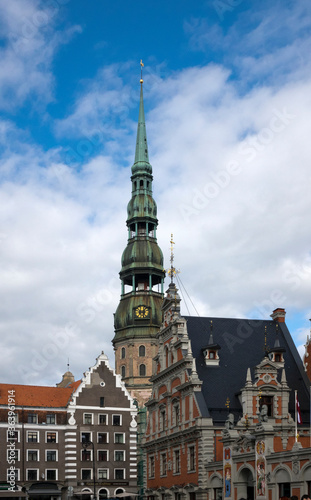 central Riga square with house of Blackheads and st peter’s cathedral, Latvia