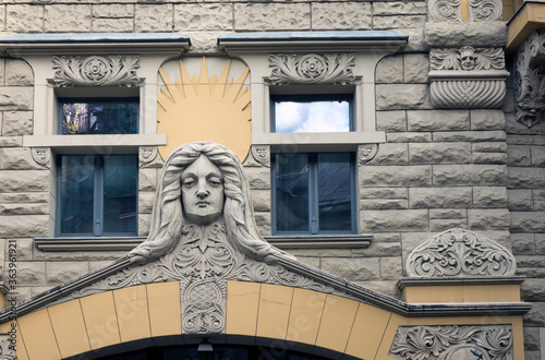 Riga, Latvia. Art Nouveau building, Jugendstil , 1909. Jauniela Street. It is known as house on Flower Street in the soviet movies "Seventeen Moments of Spring"