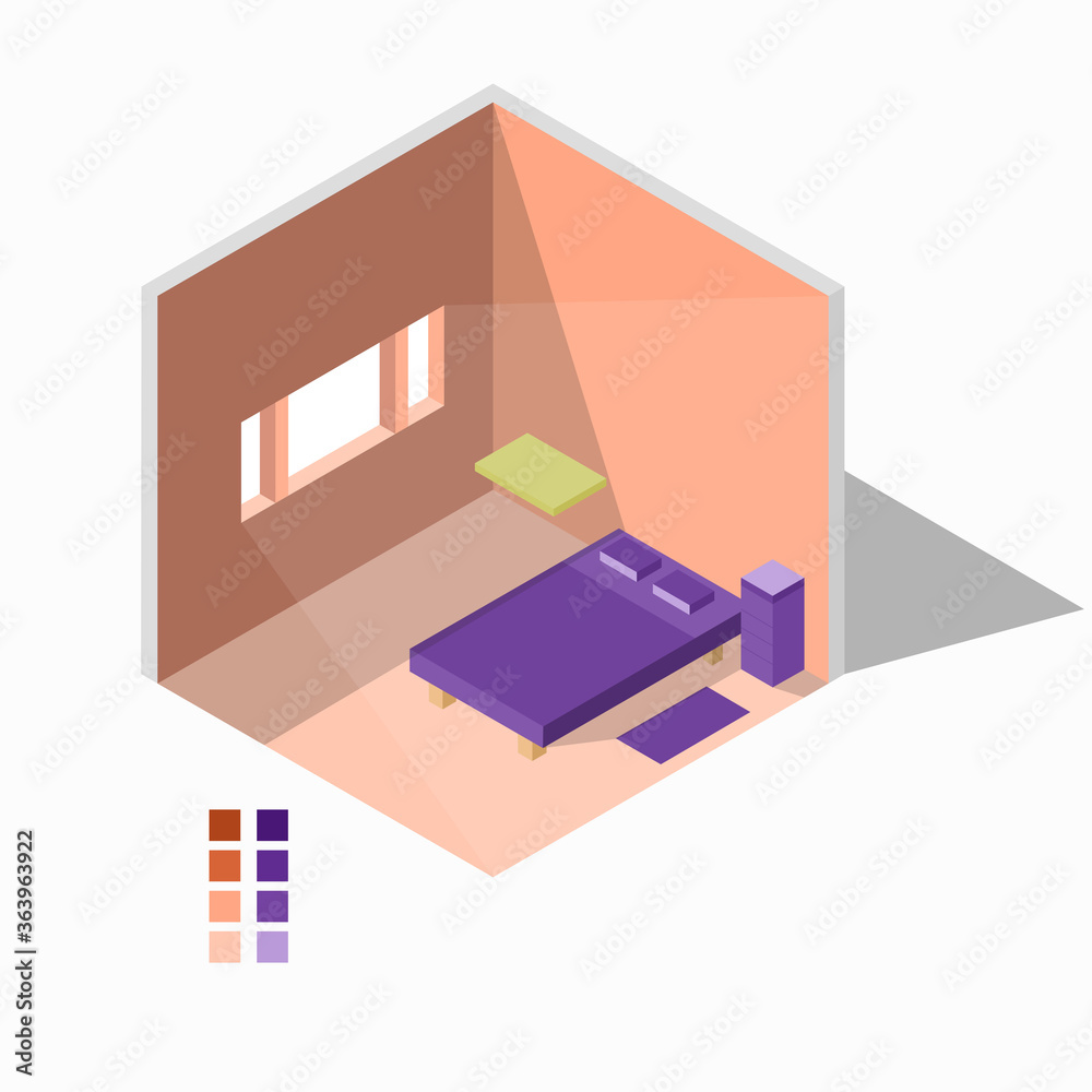 Vector isometric living room with bedside table and bed, geometric modern bedroom. Eps 10 vector Vector isometric living room with bedside table and bed, geometric modern bedroom. Eps 10 vector