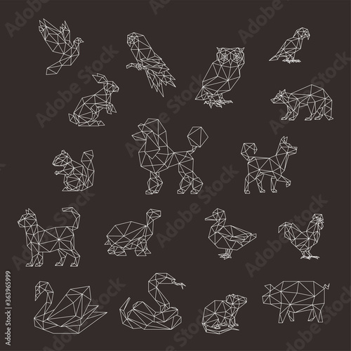 BIRD RABBIT OWL RACOON DOG POODLE CHIPMUNK CAT TURTLE DUCK CHICKEN SWAN SNAKE MOUSE RAT PIG ROOSTER ANIMAL PET LINE ART GRAYCLALE LOW POLY LOGO ICON SYMBOL. TRIANGLE GEOMETRIC POLYGON