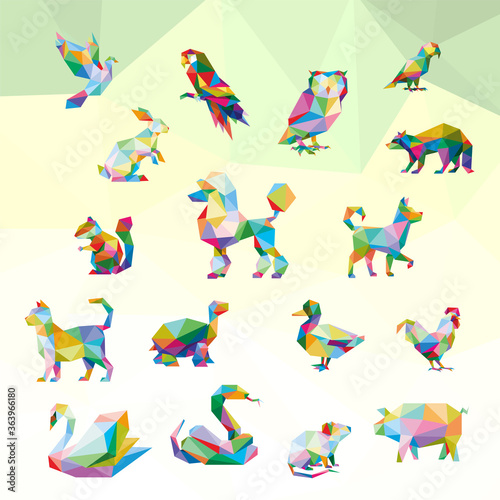 BIRD RABBIT OWL RACOON DOG POODLE CHIPMUNK CAT TURTLE DUCK CHICKEN SWAN SNAKE MOUSE RAT PIG ROOSTER ANIMAL PET POP ART LOW POLY LOGO ICON SYMBOL. TRIANGLE GEOMETRIC POLYGON