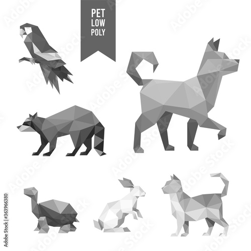 BIRD RACOON DOG TURTLE RABBIT CAT ANIMAL PET GRAYSCALE LOW POLY LOGO ICON SYMBOL. TRIANGLE GEOMETRIC POLYGON