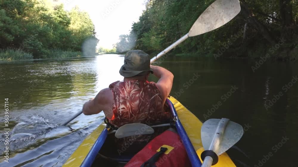 a man is kayaking on the river