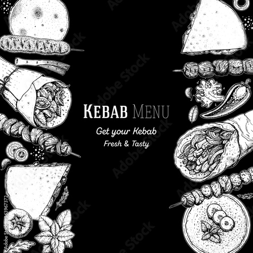 Doner kebab cooking and ingredients for kebab, sketch illustration. Arabic cuisine frame. Fast food menu design elements. Shawarma hand drawn frame. Middle eastern food.