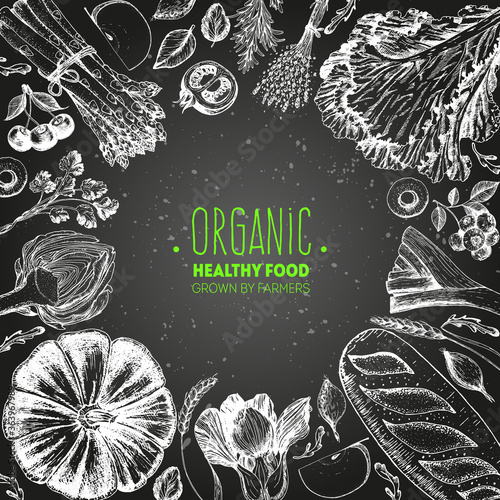 Healthy food top view vector illustration. Vegetarian collection. Organic food set.