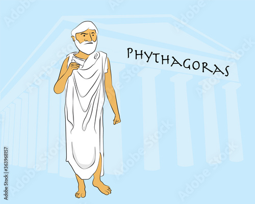 Cartoon character of greek mathematician and philosopher Phytagoras. Philosophy, math, geometry and history. Education and learning.