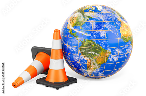 Earth Globe with traffic cones, 3D rendering