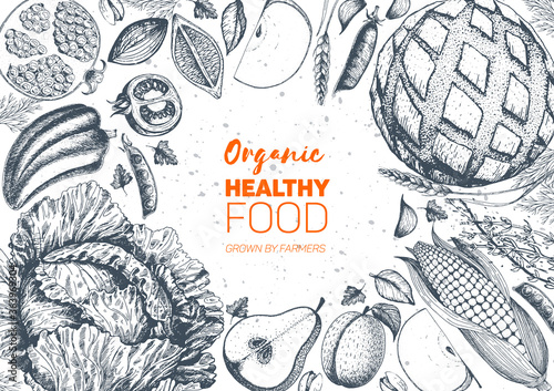 Healthy food frame vector illustration. Vegetables, fruits, bread hand drawn. Organic food set. Vegetarian food collection