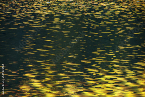 Restless and golden water surface at sunset