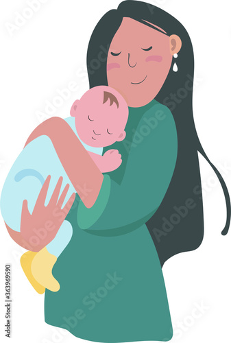 Happy young mother holds newborn baby in her arms. Vector flat illustration 