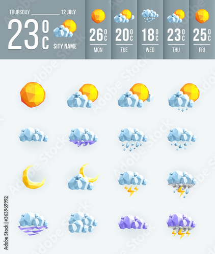 Weather set icons low poly. Geometric set weather icon for your design.