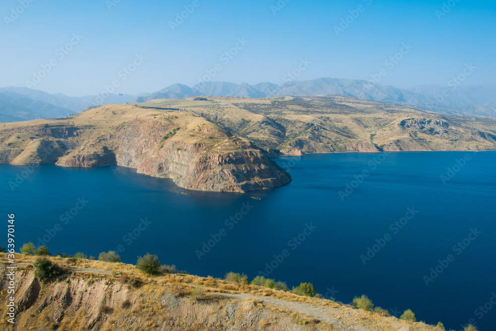 Picturesque landscape and lake. Charvak reservoir.