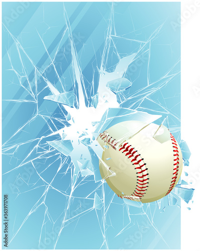 Baseball ball and broken glass