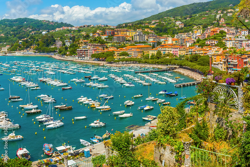 Fototapeta Naklejka Na Ścianę i Meble -  A view overlooking the harbour and bay at Lerici, Italy in summertime
